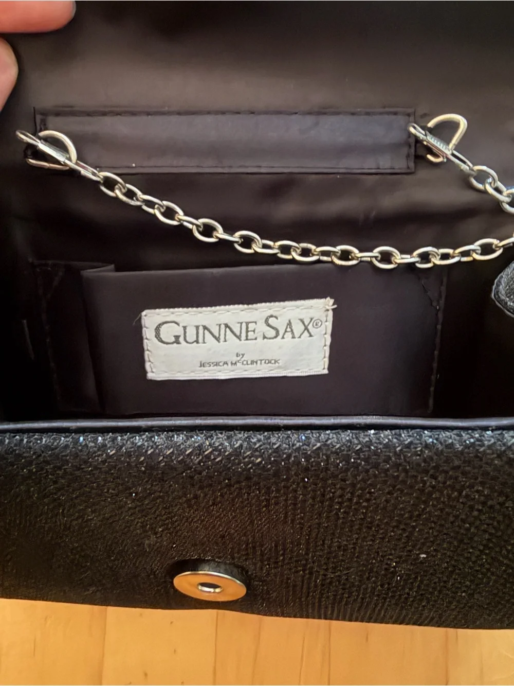 Gunne Sax Black Bow Crossbody Clutch with Silver Chain